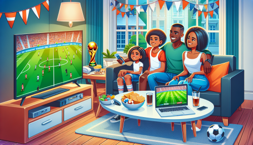 Create an illustration of a family gathered around a TV in a cozy living room, watching a live broadcast of a soccer match with the Telemundo logo on the screen. The scene includes a laptop and smartphone nearby, showing Telemundo's streaming service, to emphasize multiple ways to watch. Include festive elements like soccer decorations and snacks to capture the excitement of watching a World Cup game.