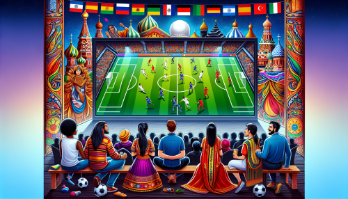 Create an image of a diverse group of people from around the world watching a soccer match on a large screen outdoor, surrounded by festive decorations inspired by various cultures. The screen should show a dramatic moment from a FIFA World Cup match, emphasizing the excitement and unity of global spectators. Include elements like flags, traditional clothing, and iconic landmarks subtly in the background to represent different countries.