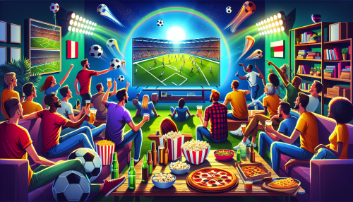 Un animado grupo de aficionados al fútbol disfrutando de un emocionante partido en una sala de estar, con una gran pantalla que muestra un juego en vivo transmitido por Fox, rodeados de comida como palomitas, pizza y bebidas. El ambiente es festivo y lleno de pasión deportiva.