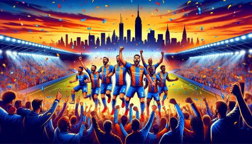 An electrifying image of NYC Football Club players celebrating a victory in a packed stadium, with the vibrant New York City skyline in the background at sunset. The scene captures the excitement and energy of their rise in the MLS, with fans cheering in the stands, confetti flying, and the iconic blue and orange team colors prominently displayed.
