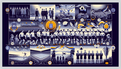 Create an artistic timeline depicting the history and evolution of a football club. Start with black-and-white images of its early days in the late 19th century, showing players in vintage uniforms and old-fashioned soccer balls. Progress through the decades, illustrating key moments such as winning major trophies, iconic players, and changes in the club's stadium. Finish with a modern image of the team, featuring the latest players in contemporary uniforms, a state-of-the-art stadium, and cheering fans. Include subtle transformations in club logos and branding through the ages.