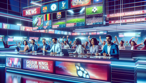 Create an image that depicts a dynamic newsroom setting with Univision's branding prominently displayed. In the foreground, show a group of enthusiastic sports journalists and analysts discussing the latest football (soccer) updates with excitement. Include elements like screens displaying match highlights, team logos, and headlines in Spanish that reference breaking news in football. Make sure the environment is modern, high-tech, and vibrant, reflecting the energy and importance of football news coverage.