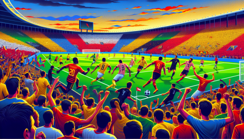 Create an image of an exciting, colorful soccer scene featuring diverse players in action on a vibrant stadium field, with the Telemundo logo prominently displayed. The crowd is cheering enthusiastically, and banners and flags in Spanish can be seen waving in support of the teams. The atmosphere should capture the passion and energy of Lo Mejor del Fútbol on Telemundo.