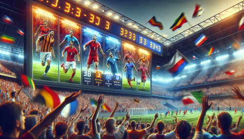 Create an image that showcases a digital scoreboard displaying today's football results, with dynamic visuals of diverse teams' logos, scores, and live action shots of players in motion. Include excited fans in the background, banners waving, and a stadium atmosphere under bright floodlights to convey the excitement of the sport.