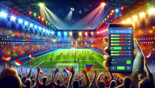 Create an image showcasing the excitement of live football with Bet365. Picture a dynamic football stadium full of cheering fans, vibrant floodlights, and intense gameplay on the field. In the foreground, display a smartphone screen with the Bet365 app open, highlighting real-time betting options and live match statistics. The atmosphere should be electric, with bold colors and high energy, capturing the essence of football in real-time and the thrill of interactive engagement with Bet365.
