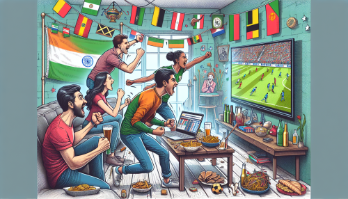A dynamic image of a lively living room scene where a diverse group of friends enthusiastically watches a live soccer match on a large TV screen. The room is filled with sports memorabilia, flags, and team jerseys. On the table, there are snacks and drinks, and the friends are cheering, capturing the excitement of live football (soccer) streaming. A laptop on a nearby table shows a sports website with live stats and commentary.