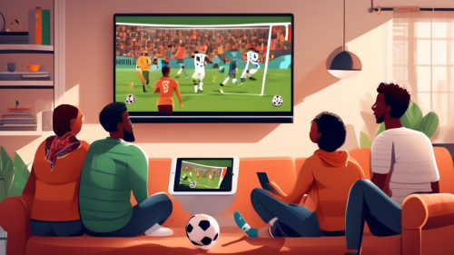 Create an image depicting a group of diverse friends in a cozy living room setting, enjoying and watching a thrilling soccer match on a large flat-screen TV via an online streaming platform. The room is adorned with soccer memorabilia such as scarves, posters of famous players, and a soccer ball. One friend is using a tablet labeled 'Soccer Online Me' to check game statistics, while others are cheering passionately. Natural lighting from a nearby window illuminates the vibrant scene, capturing the excitement and camaraderie of enjoying soccer online.