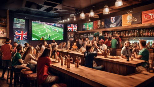 Create an image of a lively sports bar filled with enthusiastic fans watching a live football match on a big screen. The atmosphere is electric, with people wearing various football team jerseys, waving flags, and cheering. The room is decorated with football memorabilia, and there's a bar counter busy with bartenders serving drinks. Diverse dishes of snacks and appetizers are on the tables, contributing to the festive ambiance. The setting should look inviting, energetic, and fun, capturing the excitement of watching live football with fellow fans.