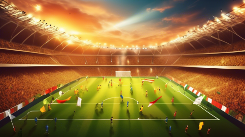 Create an image depicting a thrilling World Cup soccer match in a massive stadium with roaring fans waving flags from different countries. The atmosphere is electric as the sun sets in the background, casting a golden hue over the pitch. Players are mid-action with one team attempting to score a goal while the goalkeeper dives to make a save. The crowd's excitement is palpable, with confetti flying in the air and banners displaying national pride.
