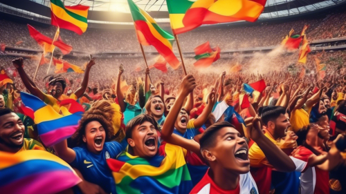 Create an image of a vibrant and dynamic soccer stadium during a CONCACAF 2023 match. The crowd is full of enthusiastic fans wearing colorful jerseys, flying flags of various countries from the region. Players on the field are in mid-action, displaying intense emotions and athleticism. The atmosphere is electric, capturing the excitement and high expectations surrounding the tournament.