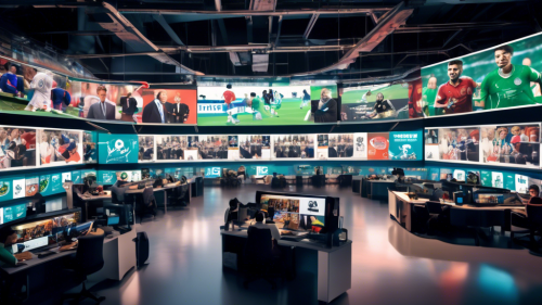 Create an image depicting a dynamic newsroom dedicated to soccer updates. The scene includes large digital screens showing live soccer matches, headlines, and real-time statistics. Journalists are intensely collaborating at their desks adorned with soccer memorabilia, and in the background, there's a prominent Fútbol 24 logo. The atmosphere is vibrant and bustling, capturing the essence of non-stop, daily coverage of the world's most popular sport.