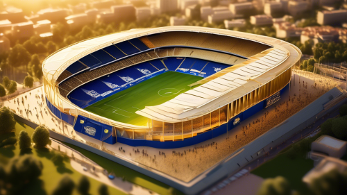 Create an image of the RCDE Stadium bathed in golden sunset light, showcasing its modern architecture and lush green pitch. Include subtle historical elements such as a timeline in the background depicting key moments in the stadium's history, and a display of various memorabilia like old tickets, team jerseys, and iconic match moments. Emphasize the blend of modernity and rich history around the stadium.