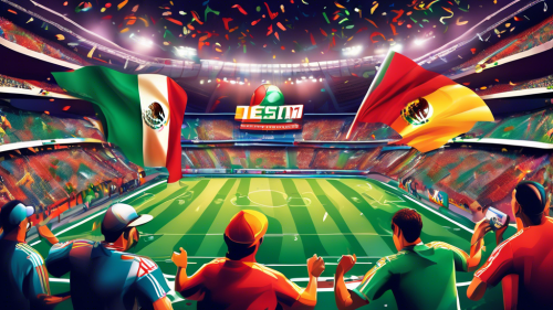 Create an image of a vibrant sports studio set themed around Mexican football. Include ESPN branding, enthusiastic presenters analyzing a match, dynamic graphics displaying team logos and scores, and Mexican football memorabilia like jerseys, soccer balls, and national flags. In the background, feature a high-energy scene from a packed stadium with cheering fans and players in action.